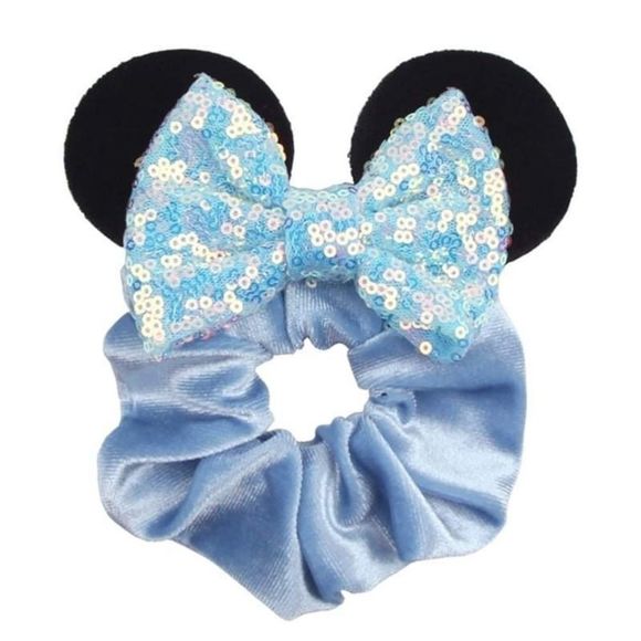 NEW Black Mouse Ears with Blue Bow Scrunchie - Picture 1 of 1